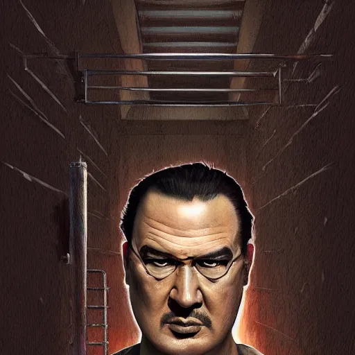 Image similar to sad steven seagal full body portrait in jail cell, cell bars, cell bars, cell bars, cell bars, cell bars, cell bars, intricate, highly detailed, digital painting, artstation, concept art, smooth, sharp focus, illustration, whimsical background by marc simonetti, artwork by liam wong