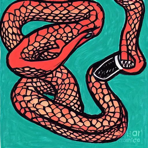 Image similar to A beautiful painting of a snake eating its own tail that seems to go on forever. by Lynda Barry, by Chantal Joffe dreary