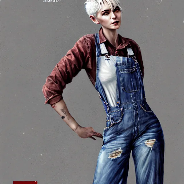 Image similar to full body pose, beautiful adult woman, short white hair shaved sides, dirty, grungy, grunge, long sleeve, painted overalls, stacks of giant books, highly detailed, 4 k, hdr, smooth, sharp focus, high resolution, award - winning photo, artgerm, photorealistic