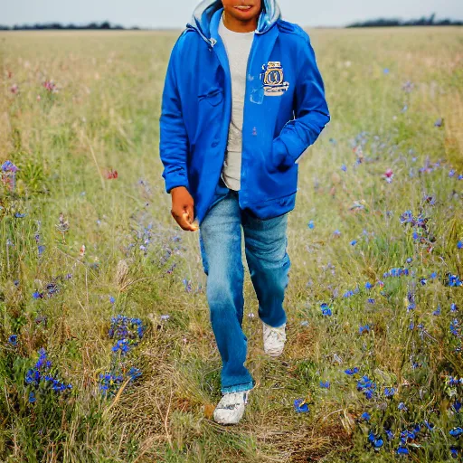 Image similar to destiny ( steven bonnell ii ) in a blue jacket walking in a field, 5 0 mm sigma lens, sony a 7 siii