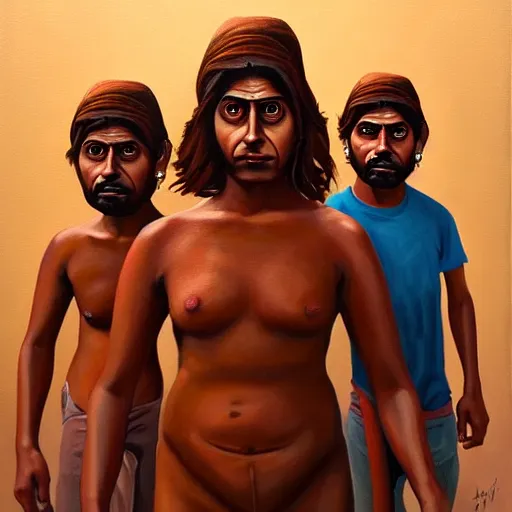 Prompt: a painting of a terrified brown woman with three brown men in background, hyperrealistic faces, detailed digital art, aesthetic!, trending on artstation,