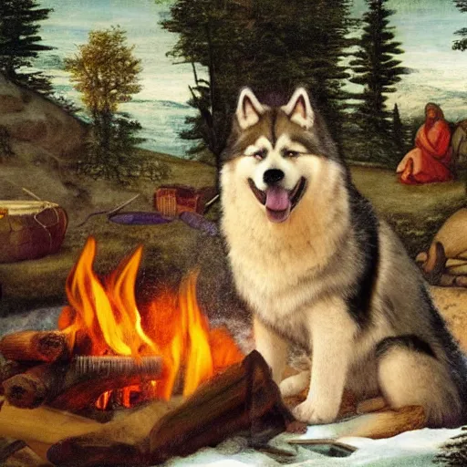 Image similar to alaskan malamute behind campfire in medieval setting, as a renaissance painting