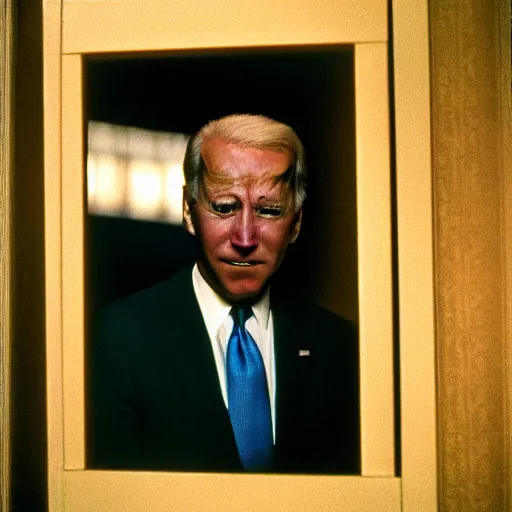 Image similar to A close-up portrait of Joe Biden manically looking through a broken door, film still from The Shining by Stanley Kubrick, Eastman Color Negative II 100T 5247/7247, ARRIFLEX 35 BL Camera