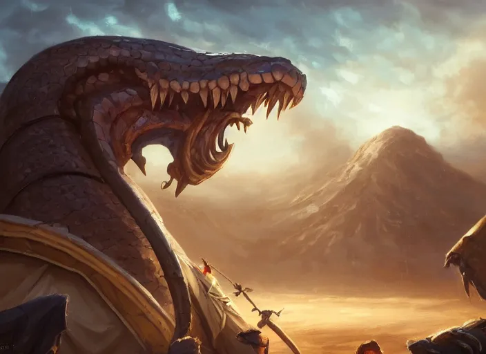 Prompt: giant snake looming over a tent, desert, amazing masterclass portrait, hearthstone splash art, deiv calviz, splash art, natural light, elegant, intricate, fantasy, atmospheric lighting, by greg rutkowski, hearthstone splash art, hd wallpaper, ultra high details, cinematic composition, professional master piece made in one year