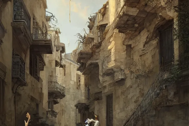 Image similar to handsome korean man looking at ancient renaissance athens street with intricate details, serene, face anatomy, by wlop, peter mohrbacher, jakub rebelka, visually stunning, beautiful, masterpiece