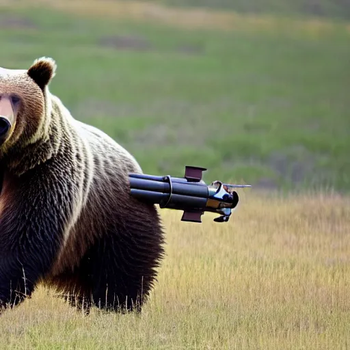 Image similar to grizzly bear holding a mounted minigun