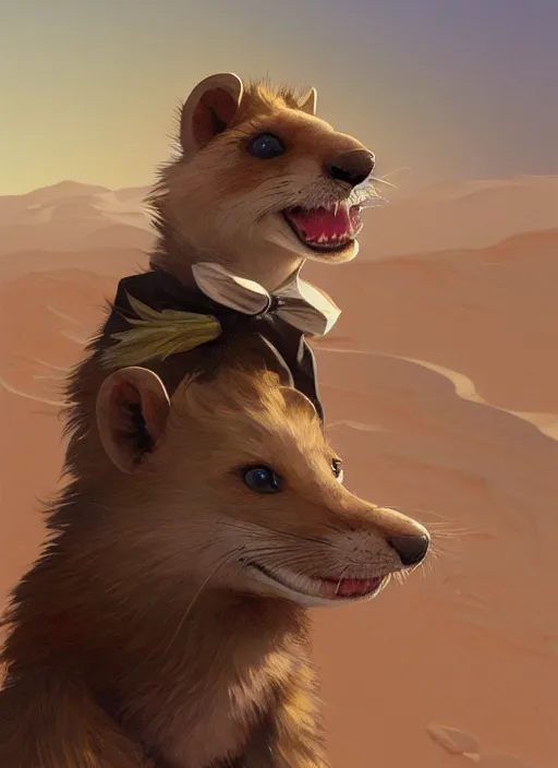 Prompt: Character portrait of a happy furry anthro weasel wearing a bowtie in the desert wilderness, intricate, elegant, highly detailed, digital painting, artstation, concept art, smooth, sharp focus, illustration, art by Krenz Cushart and Artem Demura and alphonse mucha