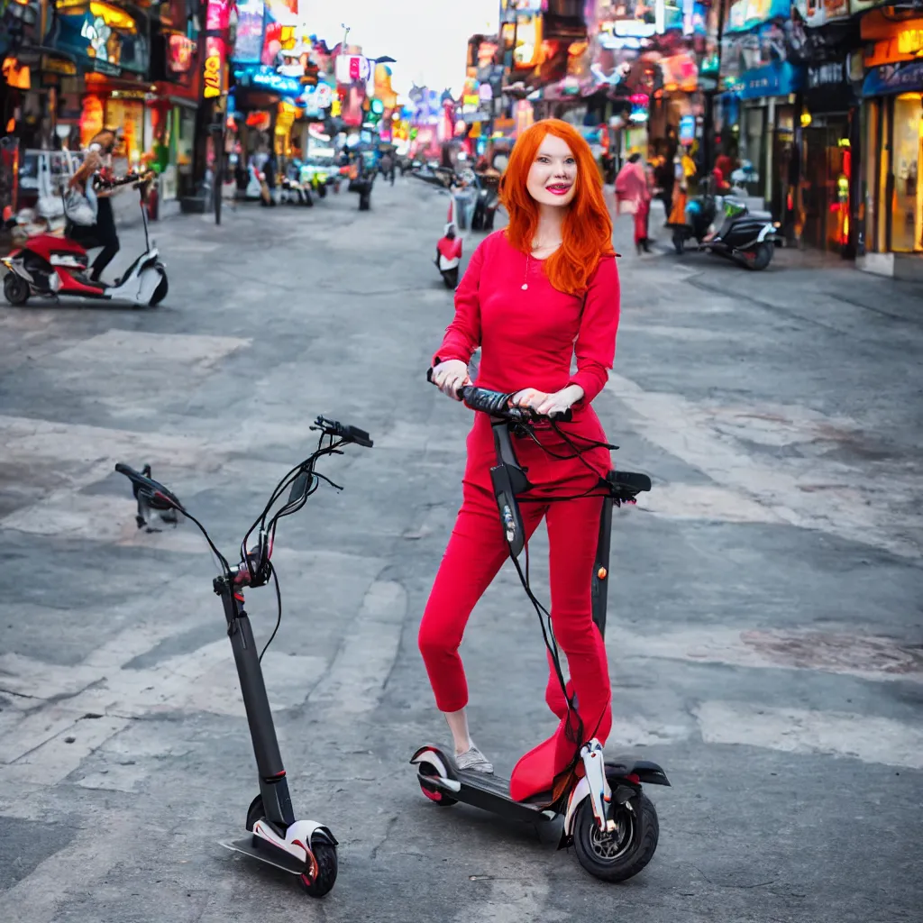 Prompt: redhead woman nearby electric scooter on neon street