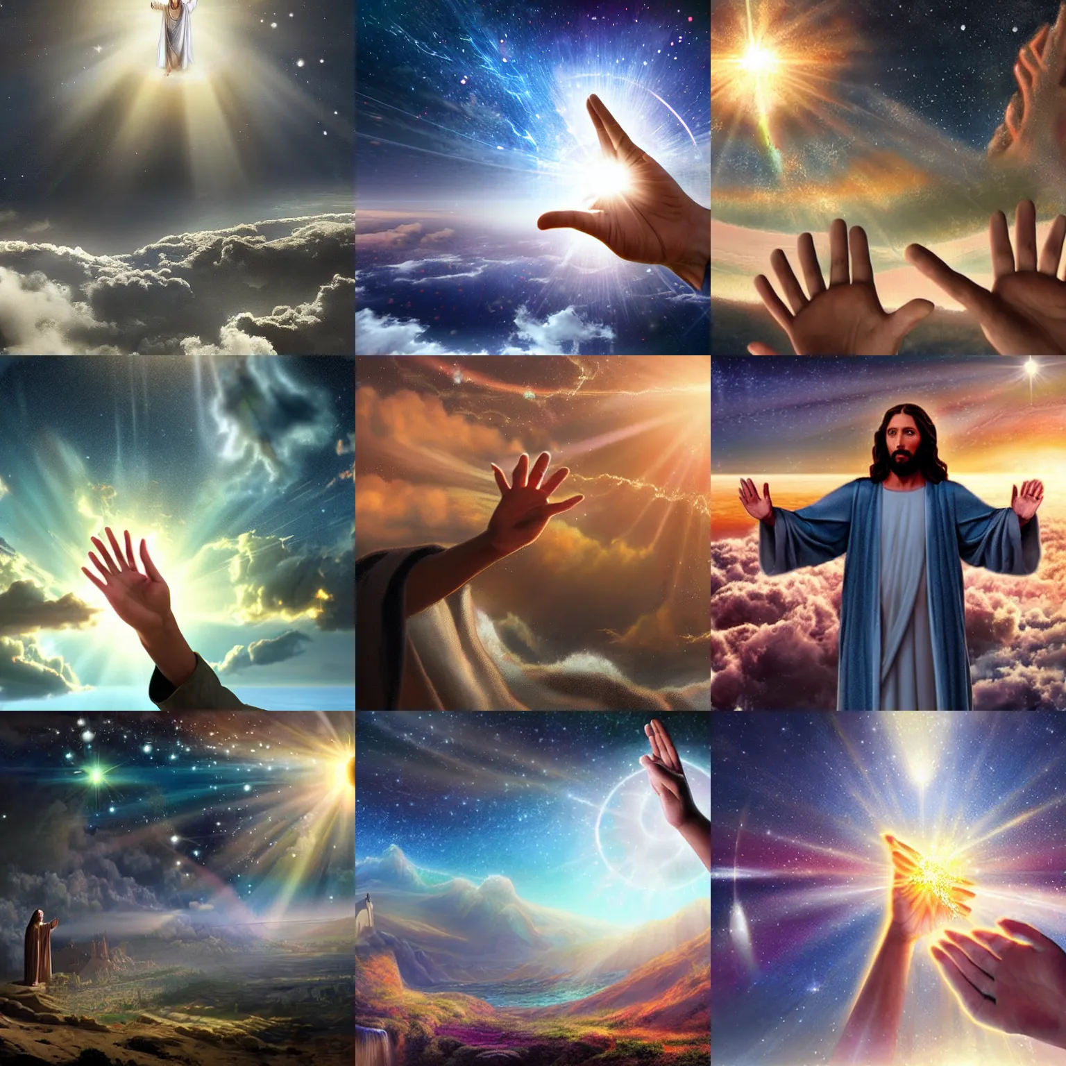 Prompt: beautiful matte painting art of Jesus waving his hands and creating universes