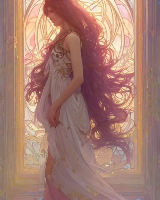 Image similar to secret romance, highly detailed, gold filigree, romantic storybook fantasy, soft cinematic lighting, award, disney concept art watercolor illustration by mandy jurgens and alphonse mucha and alena aenami, pastel color palette, featured on artstation