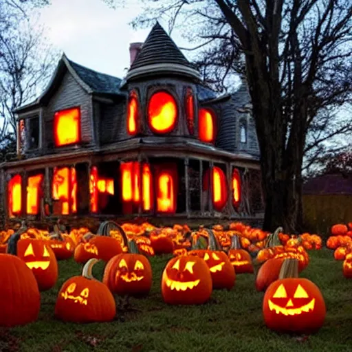 Prompt: creepy haunted house with ghosts pumpkins and skeletons