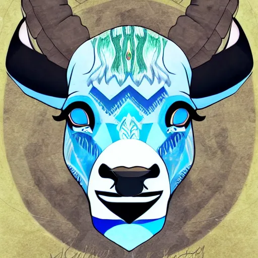 Image similar to well dressed minotaur with blue flaming eyes, digital art