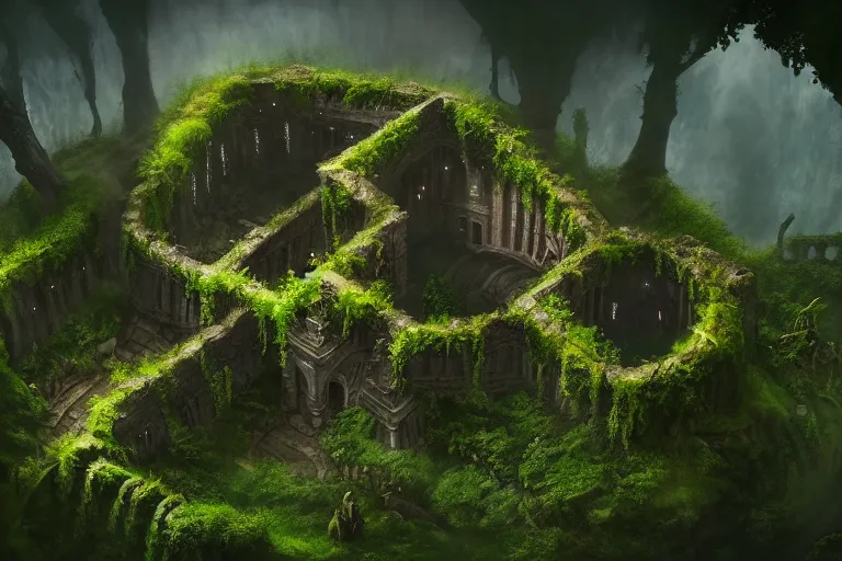 Image similar to giant ancient castle in an forest with some ivy plants on the walls, cinematic, epic, dramatic lighting from above, dark, vines, fantasy, dust, unreal engine, octane, highly detailed, concept art, dark, super realistic