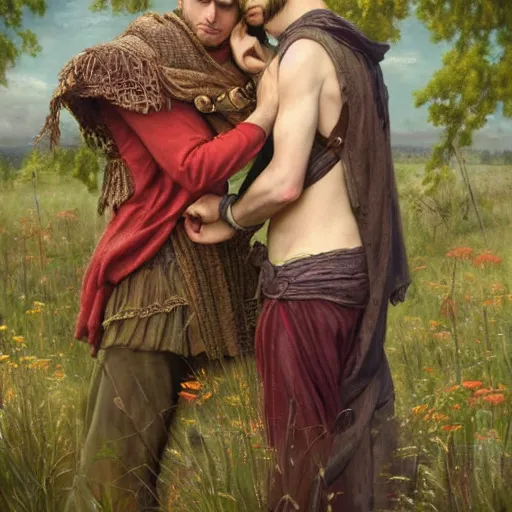 Prompt: bradley james and colin morgan, 2 guys. both are male. from the television show merlin ( 2 0 0 8 ). in a beautiful meadow in love and happy ; high - detailed oil painting by tom bagshaw in the style of gaston bussiere, trending on artstation, masterpiece, 4 k