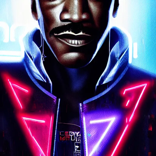 Image similar to eddie murphy portrait, Cyberpunk 2077, cyberpsycho, photorealistic, ultra detailed, neon, octane, bokeh, cyber, cyberpunk city, feature, scars, cyberface, 8k