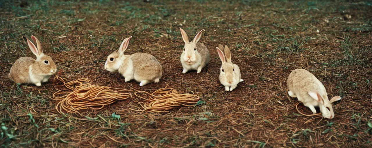 Prompt: rabbits eating spaghetti off the ground, in the style of national geographic, in the style of wes anderson, canon 5 0 mm, kodachrome, retro
