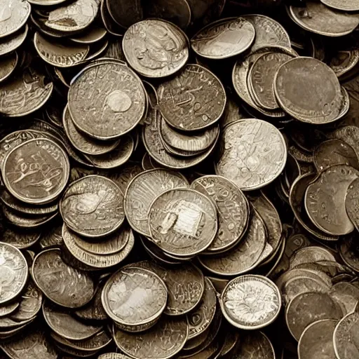 Prompt: a picture of a pile of coins in a bucket in the heavy rain, god rays, 50mm