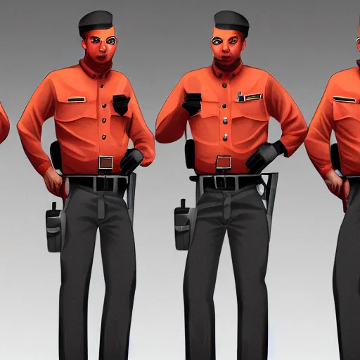 Prompt: security officers with glowing red skin in beige uniforms and gray pants holding bullpup guns in a brutalist office setting trending on artstation digital painting 4 k sharp detail high quality