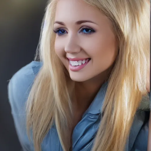 Image similar to closeup very beautiful blonde female looking at l 9 6 a 1 with mischievous smile and happy eyes