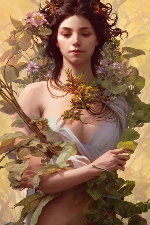 Image similar to goddess of nature, accurate anatomy, only two hands, highly detailed, digital painting, artstation, concept art, smooth, sharp focus, illustration, Unreal Engine 5, 8K, art by Ross Tran and greg rutkowski and alphonse Mucha