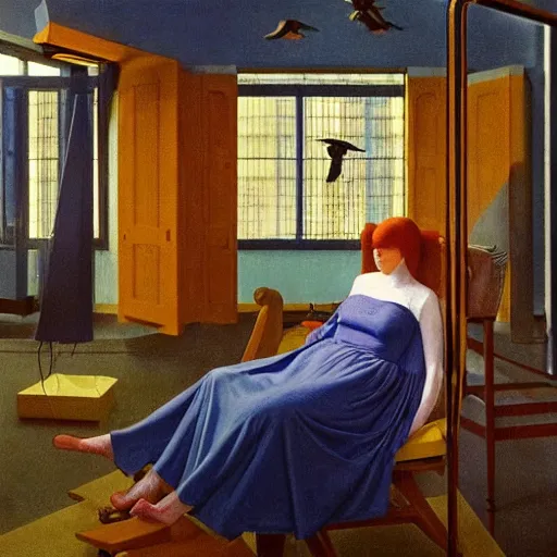 Prompt: a woman in an hospital, a lots of crows, hyperrealistic film still by edward hopper, by gottfried helnwein, by klimt, by paolo uccello, art nouveau, highly detailed, strong lights, liminal, eerie, symbolist, bright pastel colors