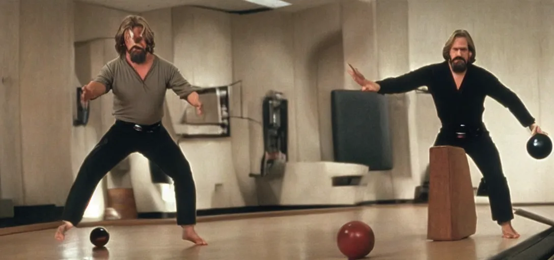 Image similar to the Big Lebowski as Luke Skywalker training on degobah levitating a bowling ball with the force