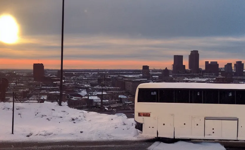 Prompt: low angle photo of sunrise view of buffalo new york as seen from a bus window, scene from being john malcovich film directed by charlie kaufman ( 2 0 0 1 ), moody cinematography and lighting, 2 4 mm anamorphic lens