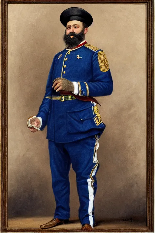 Prompt: full body portrait of the dictator of the memphis grizzlies, 1 8 8 9, in full military garb, memphis midnight blue, beale street blue, smoke blue, grizzlies gold and white, oil on canvas by william sidney mount, trending on artstation