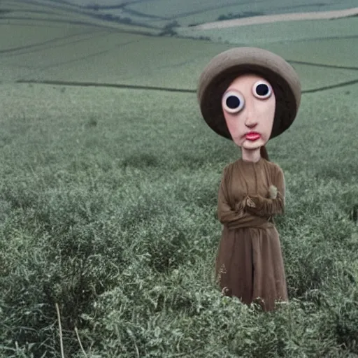 Prompt: beautiful woman with a long plasticine nose, wearing eyeballs on her head, in the countryside 1974 arthouse film, archival footage, technicolor film expired film