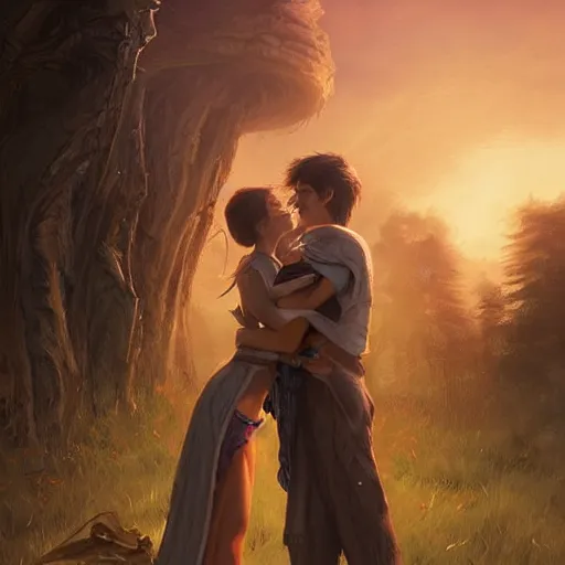 Image similar to a young couple hugging each other at sundown, D&D, fantasy, highly detailed, digital painting, trending on artstation, concept art, sharp focus, illustration, art by artgerm and greg rutkowski and magali villeneuve