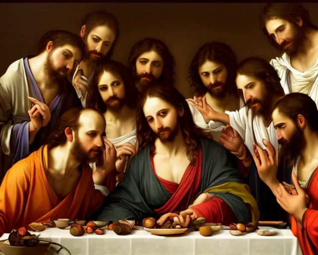 Image similar to beautiful glorious realistic oil painting of the last supper, baroque style in the style of bouguereau, highly detailed and photorealistic, 8 k high detail and intricate