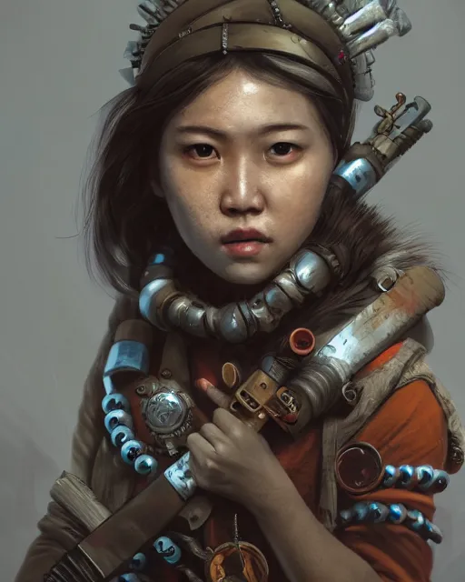 Image similar to hyper realistic portrait of postapocalyptic asian death cult monk girl sword and shield, beads, gears, machineparts, cinematic, artstation, cgsociety, pascal blanche