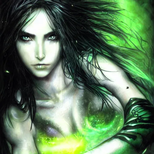Image similar to female warrior, black hair, gorgeous bright green eyes, cinematic, by luis royo
