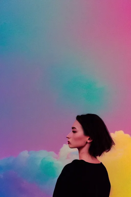 Image similar to high quality pastel coloured film photograph of a model wearing black clothing resting on cloud furniture clouds in a haze filled dreamstate world. three point light, rainbow. photographic production. art directed. pastel colours. volumetric clouds. pastel gradient overlay. waves glitch artefacts. 8 k. filmic.