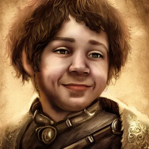 Prompt: realistic portrait of a halfling male, happy, bard, short hair, lute, intricate details, cinematic, photo, fantasy, medieval