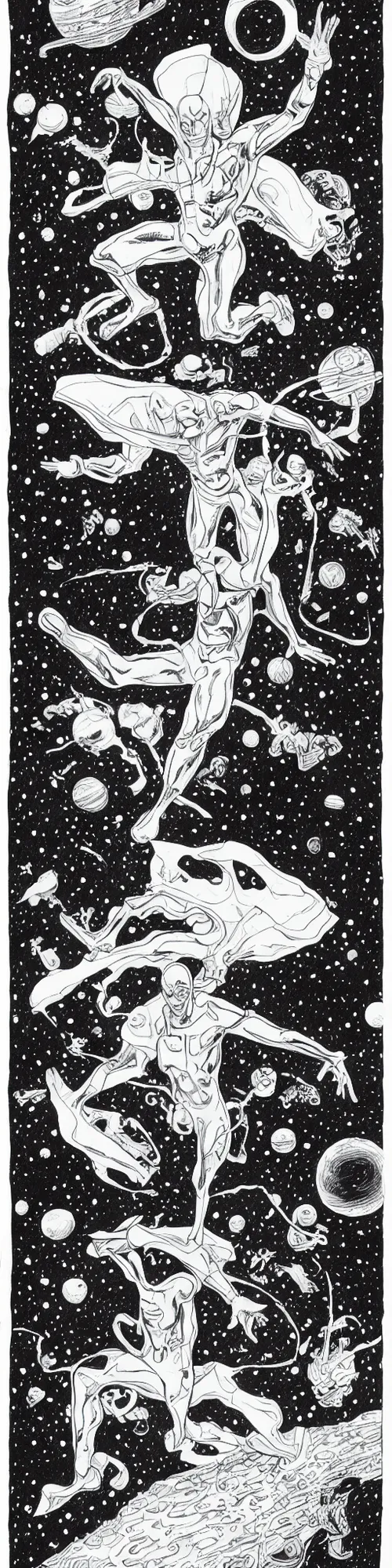 Prompt: silver surfer in space hovering above earth, by james jean, black and white, pencil drawing,