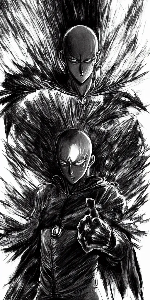 Image similar to concept art of one punch man, full body, dark colors, sinister atmosphere, dramatic lighting, cinematic, establishing shot, extremely high detail, photo realistic, cinematic lighting, pen and ink, intricate line drawings, by Yoshitaka Amano, Ruan Jia, Kentaro Miura, Artgerm, post processed, concept art, artstation, matte painting, style by eddie mendoza, raphael lacoste, alex ross,