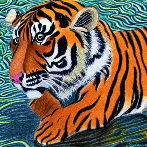 Image similar to drawing of a tiger cubs floating upside down in a pond of black oil, outsider art style