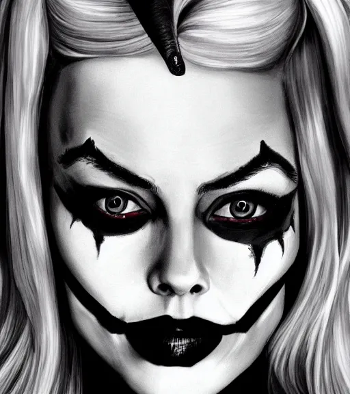 Image similar to a realism drawing of margot robbie as harley quinn portrait with joker makeup, in the style of den yakovlev, realistic face, black and white, realism, hyper realistic, highly detailed