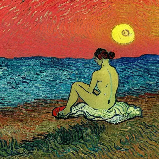 Prompt: nymph sitting by the beach looking at the sunset. painted by Vincent Van Gogh