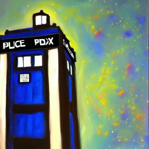 Prompt: oil painting of the tardis from dr who flying through space. beautiful. space. police box