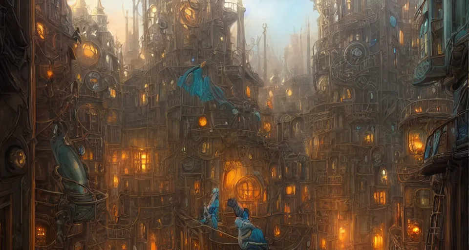 Image similar to landscape painting of fantasy metal steampunk city that has a light blue glow with walkways and lit windows and you can very clearly see a fine detailed very visible and clearly defined hooded thieves in browns leathers climbing one of the tall buildings using a rope, fine details, magali villeneuve, artgerm, rutkowski