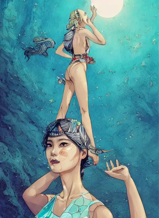 Image similar to lee jin - eun in luxurious dress emerging from turquoise water in egyptian pyramid city during an eclipse by james jean, conrad roset, m. k. kaluta, martine johanna, rule of thirds, elegant look, beautiful, chic, face anatomy, cute complexion