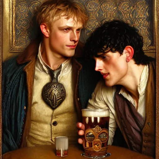 Image similar to attractive arthur pendragon and merlin go to a pub together to have some drinks. highly detailed painting by gaston bussiere, craig mullins, j. c. leyendecker, alphonse mucha 8 k