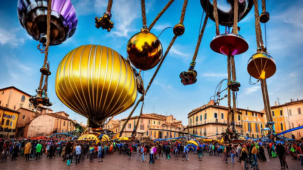 Image similar to large colorful futuristic space age metallic steampunk steam powered balloons with pipework and electrical wiring around the outside, and people on rope swings underneath, flying high over the beautiful medieval rome city landscape, professional photography, 8 0 mm telephoto lens, realistic, detailed, photorealistic, photojournalism