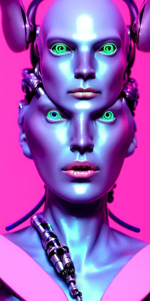 Image similar to hyperrealistic close-up of baroque cyborg woman with black hair and pearlescent pink skin wayne barlowe key sage very soft blue neon lighting on one side wide angle 35mm shallow depth of field 8k