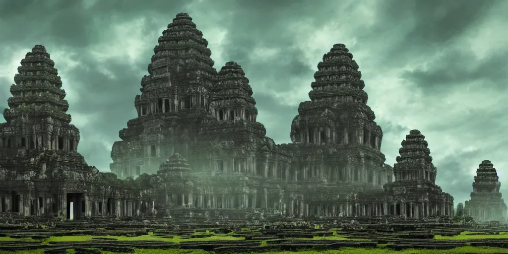 Prompt: a highly detailed matte painting of giant stone talons growing out of the ground over cambodian style temple ruins, massive energy storm, green fire, ominous, foreboding, dark, trending on artstation,