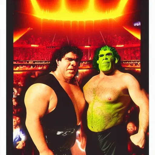 Image similar to WWE poster for the shrek vs andre the giant fight at wrestlemania 8, dramatic lighting, 8k amazing photograph,