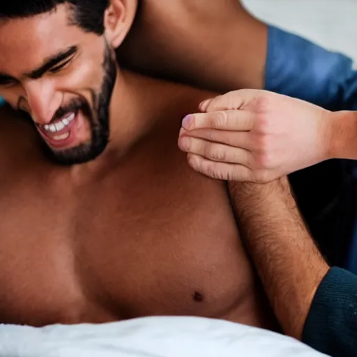 Image similar to man getting his armpits tickled by another man