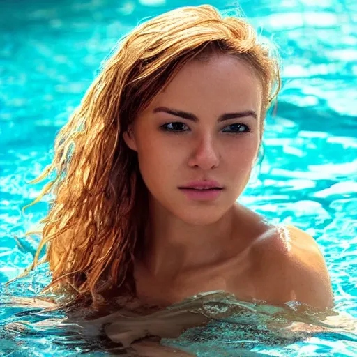 Prompt: beautiful woman getting out of a swimming pool, artstation, highly detailed face, pretty, gorgeous, cute, collarbone, bikini, warm lighting